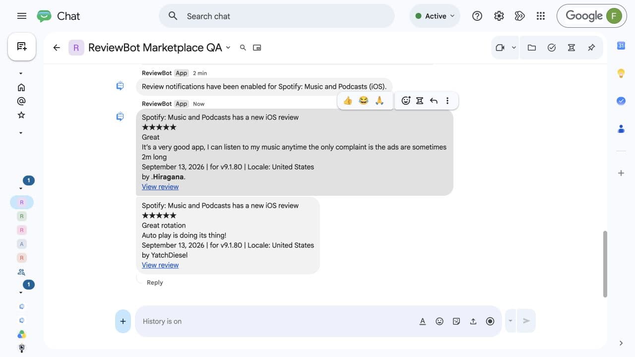 ReviewBot delivers two App Store reviews to a Google Chat space, each with stars, review text, locale, and a View review link.