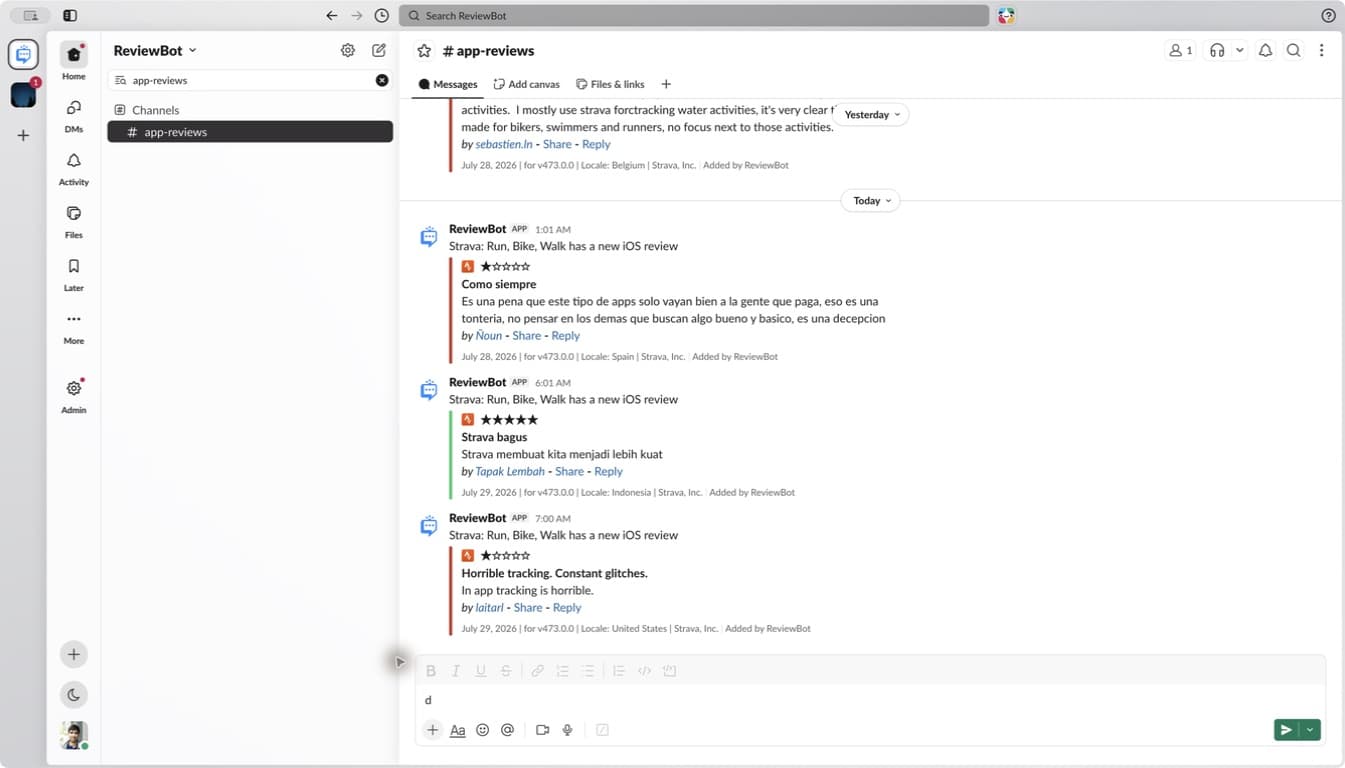 ReviewBot review alerts with ratings, review text, locales, and reply links