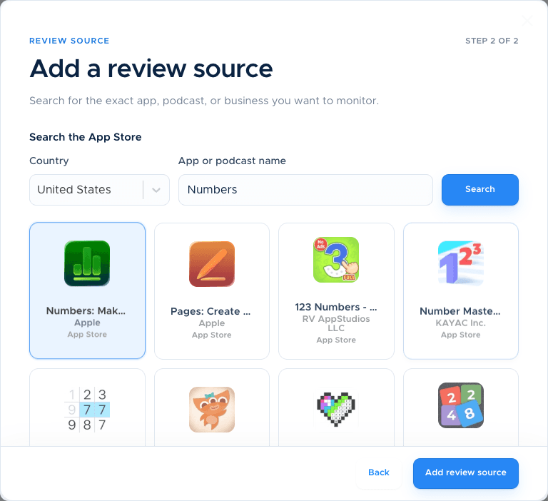 ReviewBot’s app selector: country and app-name fields, a Search button, and Apple’s Numbers listing selected from search results.