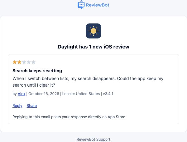 ReviewBot’s email notification showing the app, rating, review text and option to reply by email.
