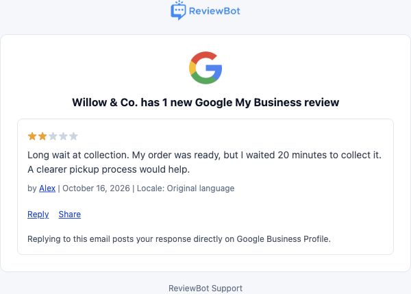 A Google Business review email with the rating, customer feedback, source link and reply action.