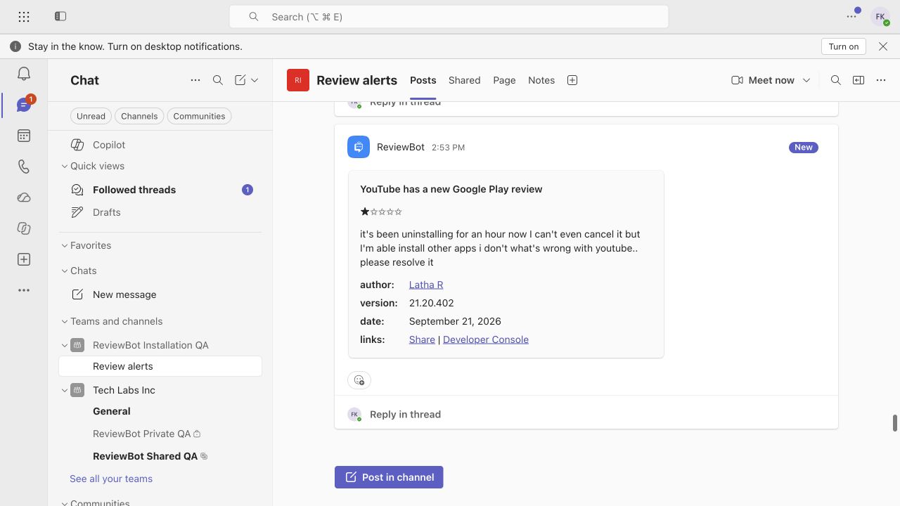 A Google Play review in Microsoft Teams, with ReviewBot’s card, source details and channel reply area.